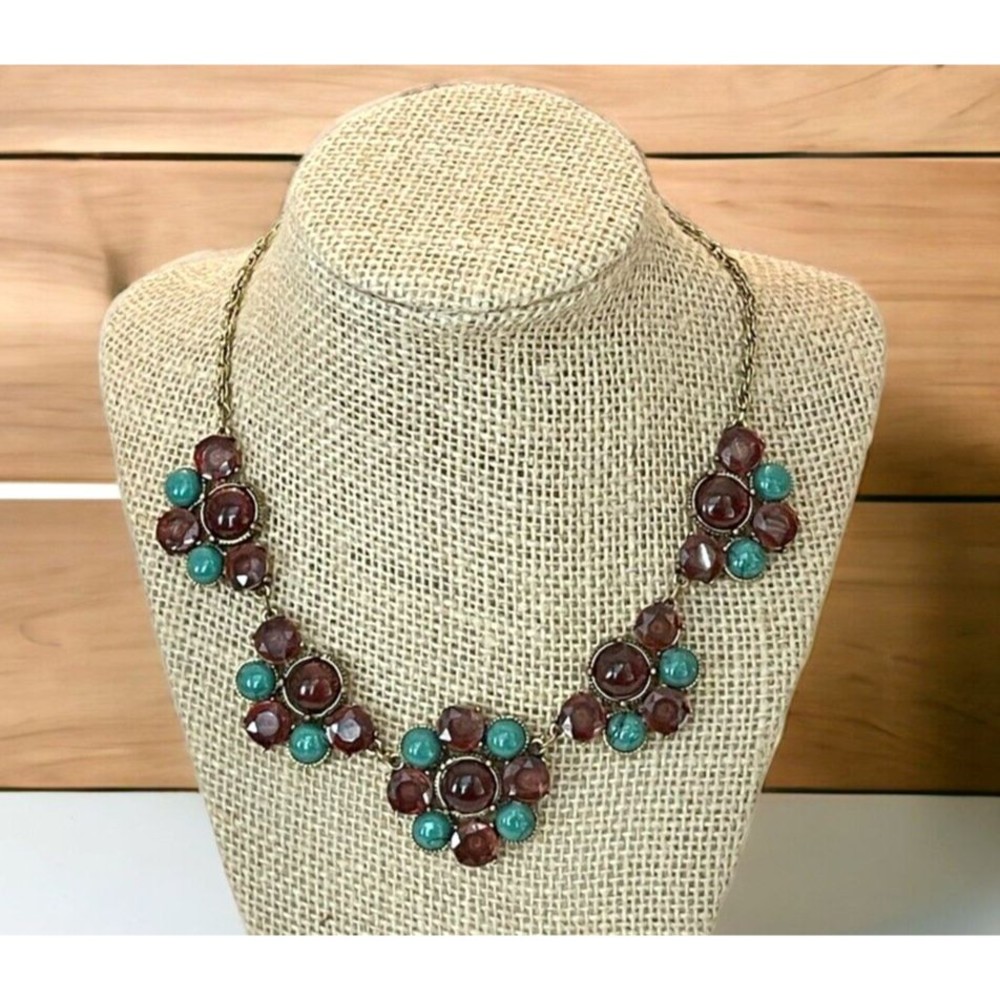 Vintage Monet Signed Statement Necklace Cabochon Brown Teal Y2K Round Floral